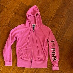 PINK Victorias Secret hot pink hoodie. Size S. I ❤️ PINK lettering on sleeve.
